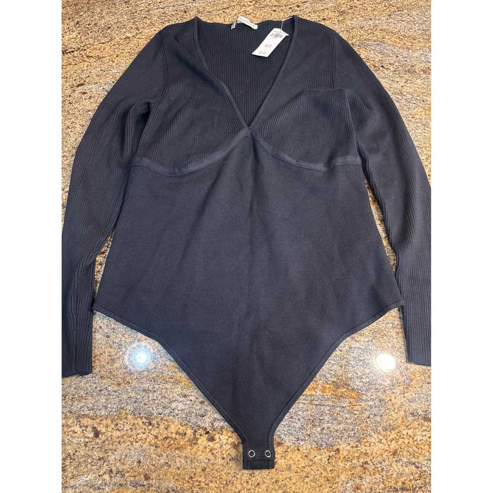 NWT Abercrombie & Fitch Black Ribbed Deep V-Neck Long Sleeve Thong Bodysuit XL
